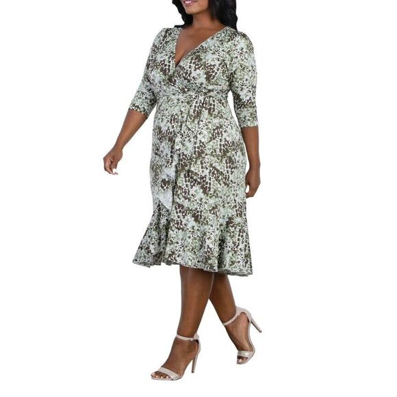 Kiyonna Dress Flirty Flounce Size 10/12 True Wrap Green Medley Print Ruffle Hem - Picture 6 of 10